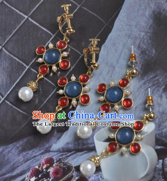 Chinese Classical Cheongsam Lapis Ear Accessories Traditional Court Red Crystal Earrings