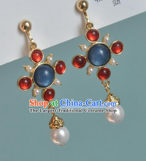 Chinese Classical Cheongsam Lapis Ear Accessories Traditional Court Red Crystal Earrings