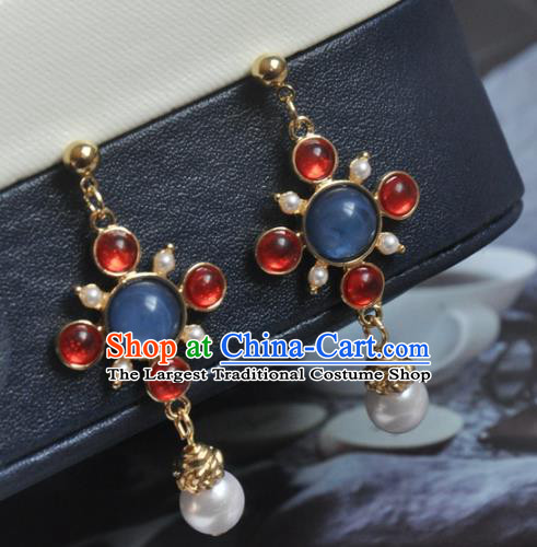 Chinese Classical Cheongsam Lapis Ear Accessories Traditional Court Red Crystal Earrings