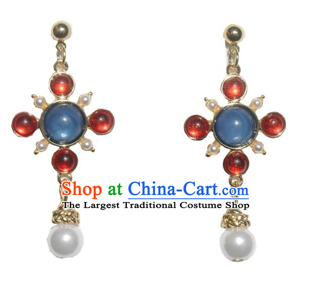 Chinese Classical Cheongsam Lapis Ear Accessories Traditional Court Red Crystal Earrings