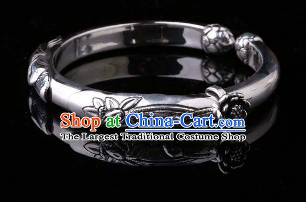 Handmade Chinese Silver Bangle Jewelry Traditional National Carving Lotus Bracelet