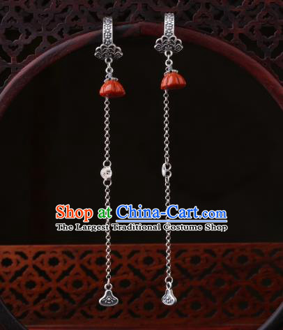 Chinese Classical Red Lotus Seedpod Ear Accessories Traditional Cheongsam Silver Long Tassel Earrings