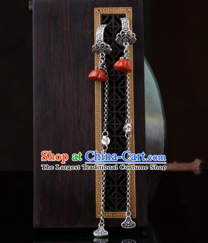 Chinese Classical Red Lotus Seedpod Ear Accessories Traditional Cheongsam Silver Long Tassel Earrings