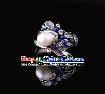 Handmade Chinese Silver Bamboo Ring Jewelry Traditional National Lapis Circlet