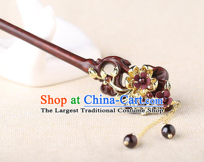 China Classical Garnet Tassel Hair Stick Traditional Cheongsam Hair Accessories Handmade Rosewood Hairpin
