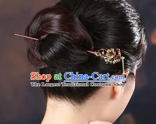 China Classical Garnet Tassel Hair Stick Traditional Cheongsam Hair Accessories Handmade Rosewood Hairpin