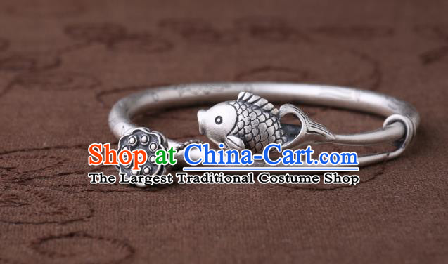 Handmade Chinese National Silver Jewelry Traditional Carving Fish Lotus Bracelet