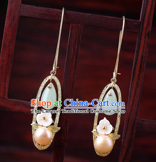 Chinese Classical Golden Ear Accessories Traditional Cheongsam Pearl Earrings