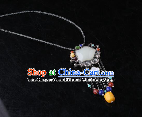 China Classical White Jade Silver Necklace Pendant Traditional Cheongsam Beeswax Tassel Accessories