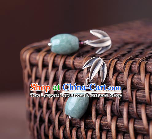 Chinese Classical Silver Bamboo Leaf Ear Accessories Traditional Cheongsam Jade Earrings