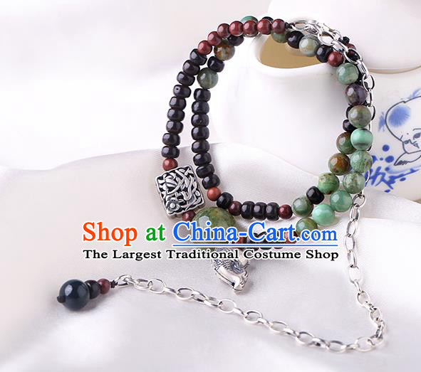 Handmade Chinese Garnet Beads Bangle Jewelry Traditional National Silver Fish Bracelet Wristlet