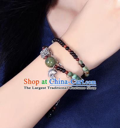 Handmade Chinese Garnet Beads Bangle Jewelry Traditional National Silver Fish Bracelet Wristlet