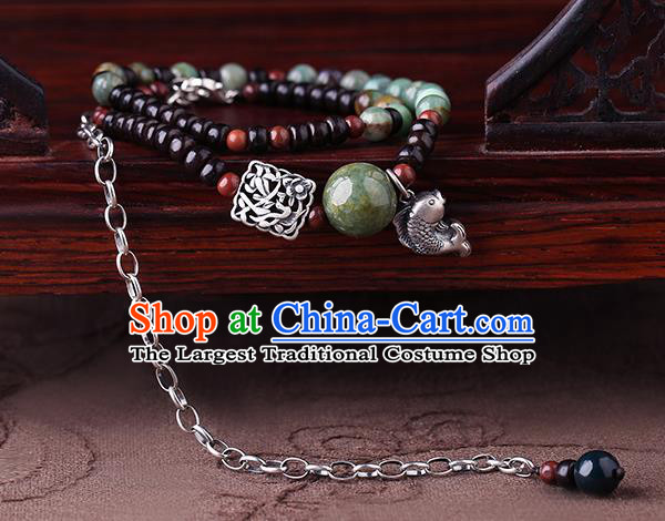Handmade Chinese Garnet Beads Bangle Jewelry Traditional National Silver Fish Bracelet Wristlet