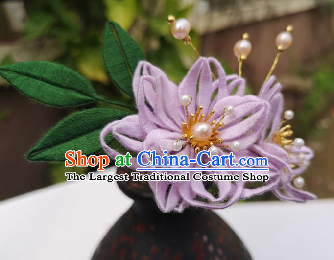 China Ming Dynasty Lilac Silk Epiphyllum Hair Stick Traditional Ancient Palace Lady Pearls Hairpin