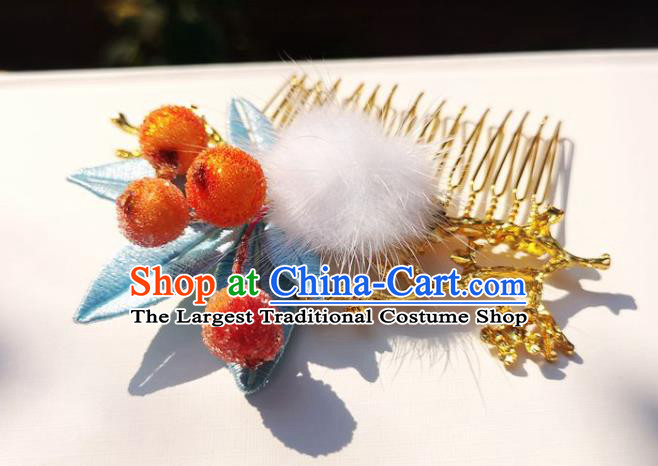 China Traditional Ancient Princess Blue Silk Bamboo Leaf Hairpin Ming Dynasty Orange Berry Hair Comb