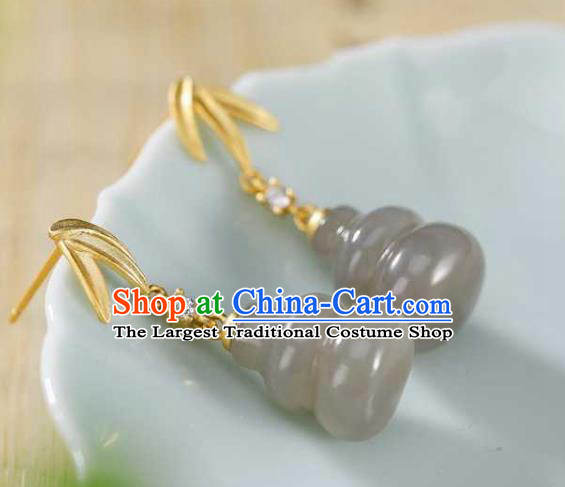Handmade Chinese Jade Gourd Ear Accessories Traditional Golden Bamboo Leaf Earrings