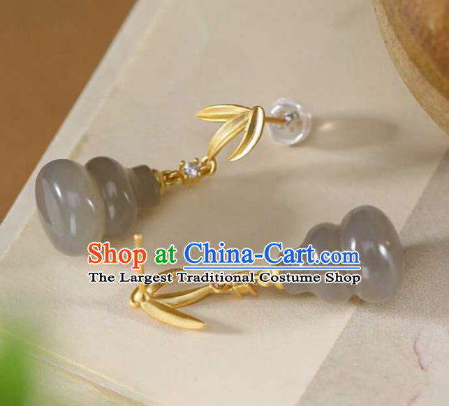 Handmade Chinese Jade Gourd Ear Accessories Traditional Golden Bamboo Leaf Earrings