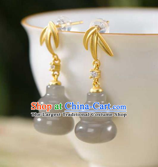 Handmade Chinese Jade Gourd Ear Accessories Traditional Golden Bamboo Leaf Earrings