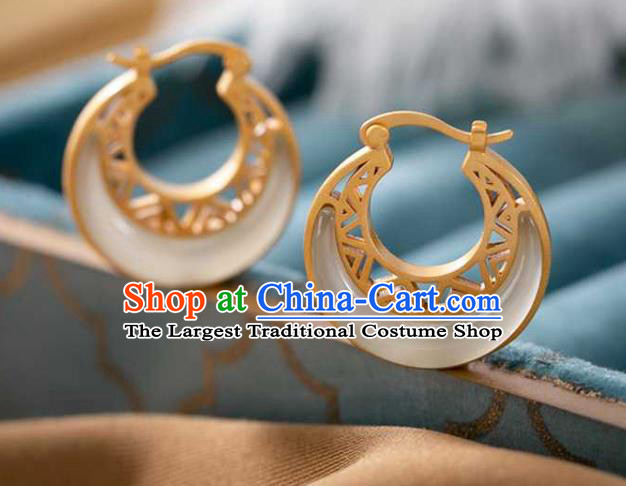 Handmade Chinese Cheongsam Golden Ear Accessories Traditional Jade Moon Earrings