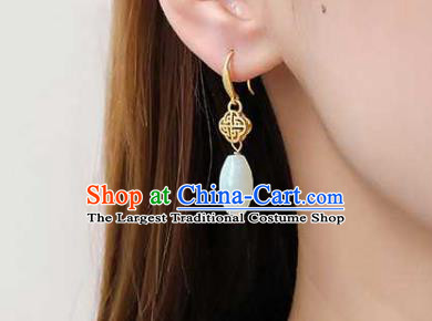 Handmade Chinese Cheongsam White Jade Ear Accessories Traditional Golden Earrings