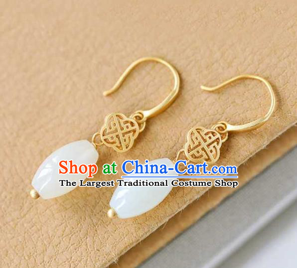 Handmade Chinese Cheongsam White Jade Ear Accessories Traditional Golden Earrings