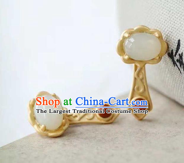 Handmade Chinese Golden Ear Accessories Traditional Cheongsam Hetian Jade Earrings