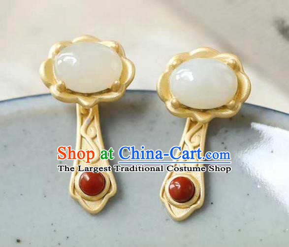 Handmade Chinese Golden Ear Accessories Traditional Cheongsam Hetian Jade Earrings