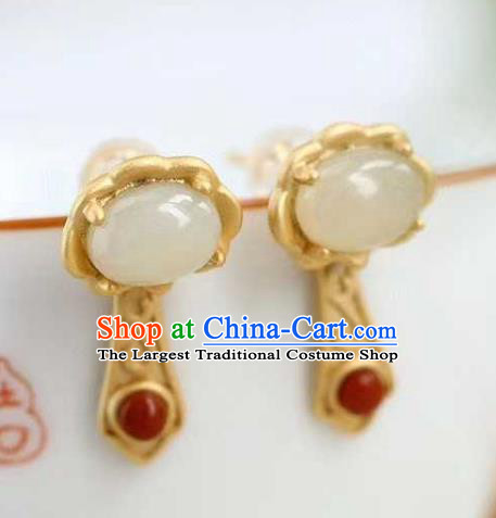 Handmade Chinese Golden Ear Accessories Traditional Cheongsam Hetian Jade Earrings