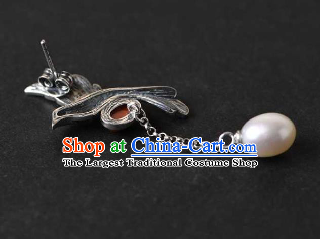 Handmade Chinese Blueing Bird Ear Accessories Traditional Cheongsam Pearls Tassel Earrings