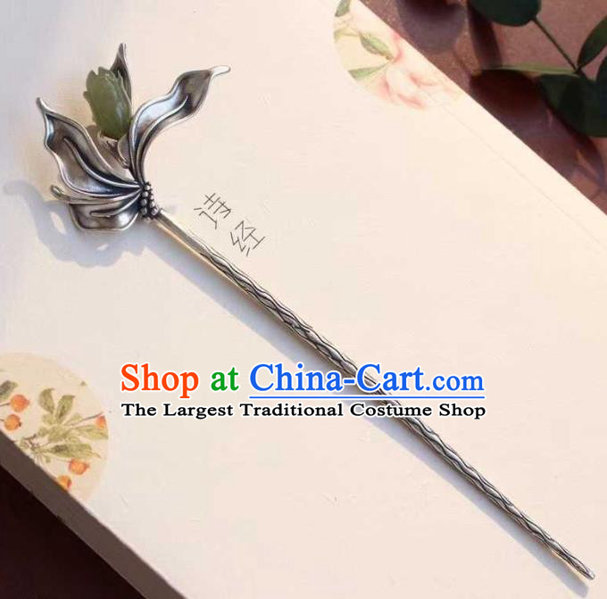 China Classical Silver Hair Stick Traditional Hair Accessories Handmade Jade Mangnolia Hairpin