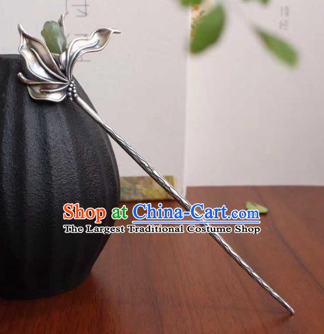 China Classical Silver Hair Stick Traditional Hair Accessories Handmade Jade Mangnolia Hairpin