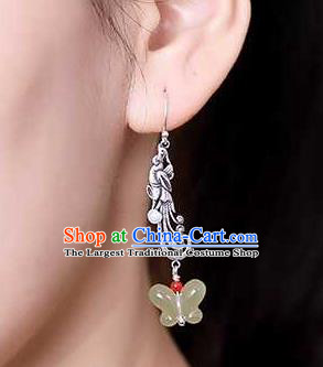 Handmade Chinese Silver Phoenix Ear Accessories Traditional Cheongsam Jade Butterfly Earrings