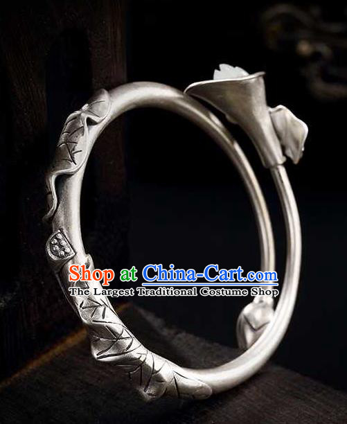 China Classical Cheongsam Silver Carving Bracelet Accessories Traditional Jade Mangnolia Bangle Jewelry