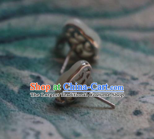 Handmade Chinese Hetian Jade Rabbit Ear Accessories Traditional Silver Earrings