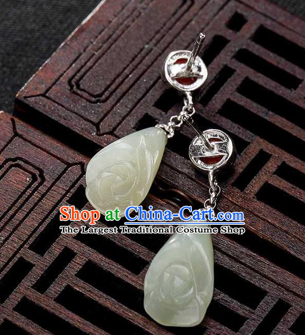 Handmade Chinese Traditional Cheongsam Jade Mangnolia Earrings National Ear Accessories