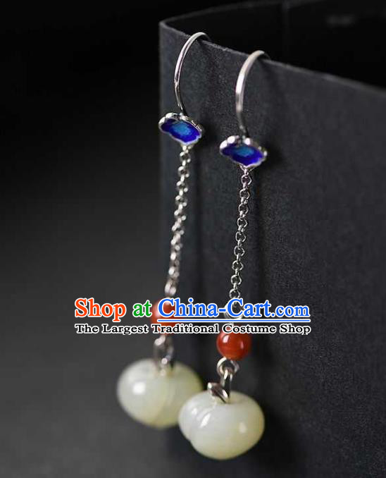 Handmade Chinese Traditional Cheongsam Jade Peach Earrings National Cloisonne Ear Accessories