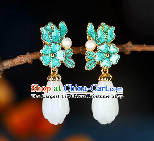 Handmade Chinese Jade Mangnolia Ear Accessories Traditional Cheongsam Cloisonne Earrings