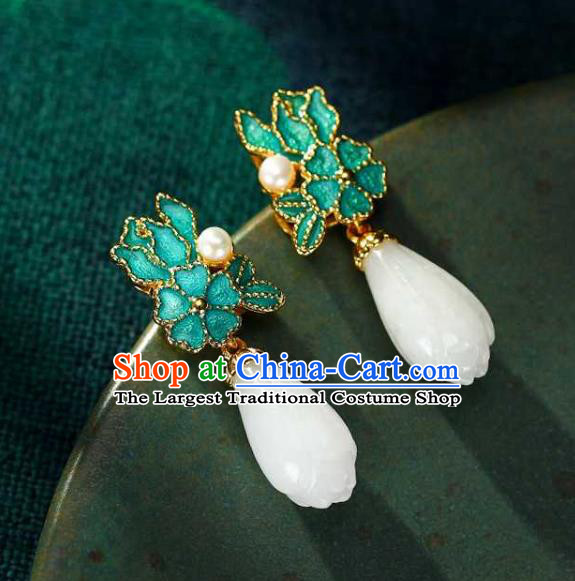 Handmade Chinese Jade Mangnolia Ear Accessories Traditional Cheongsam Cloisonne Earrings