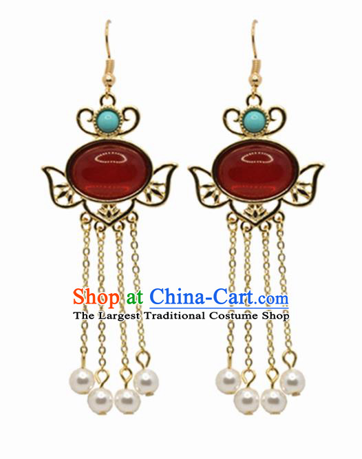 Chinese Traditional Hanfu Tassel Earrings Handmade Cheongsam Ruby Ear Accessories