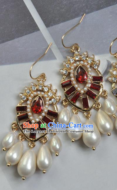 Chinese Traditional Red Crystal Earrings Handmade Cheongsam Pearls Ear Accessories