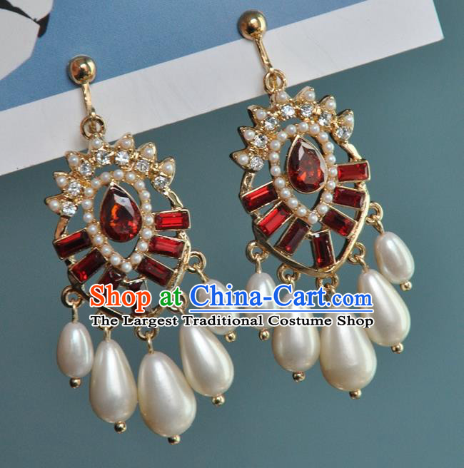 Chinese Traditional Red Crystal Earrings Handmade Cheongsam Pearls Ear Accessories