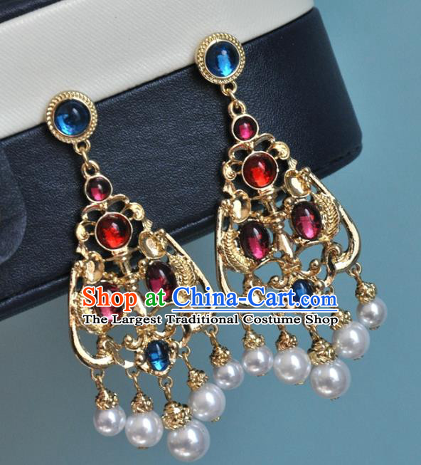 Chinese Classical Cheongsam Gems Ear Accessories Traditional Qing Dynasty Palace Lady Golden Earrings