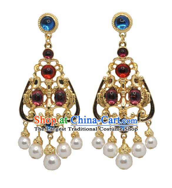 Chinese Classical Cheongsam Gems Ear Accessories Traditional Qing Dynasty Palace Lady Golden Earrings