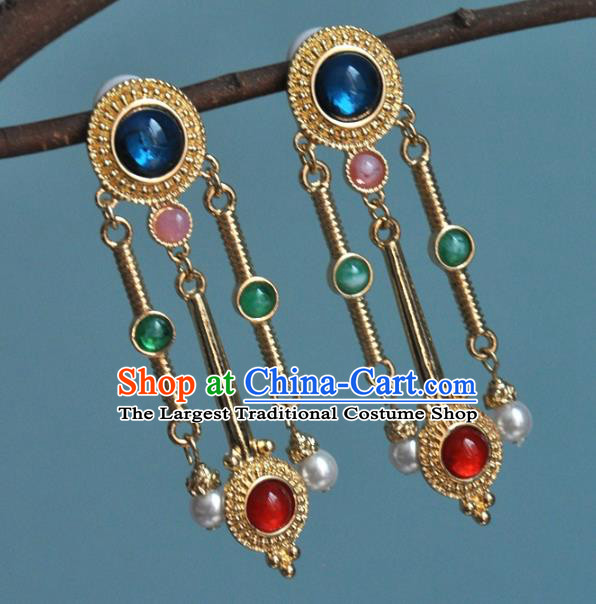 Chinese Traditional Qing Dynasty Gems Earrings Classical Cheongsam Ear Accessories