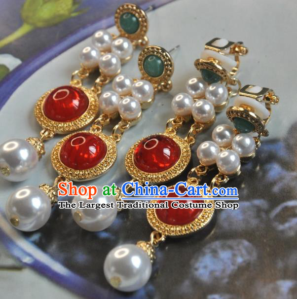 Chinese Traditional Carnelian Earrings Classical Cheongsam Golden Ear Accessories