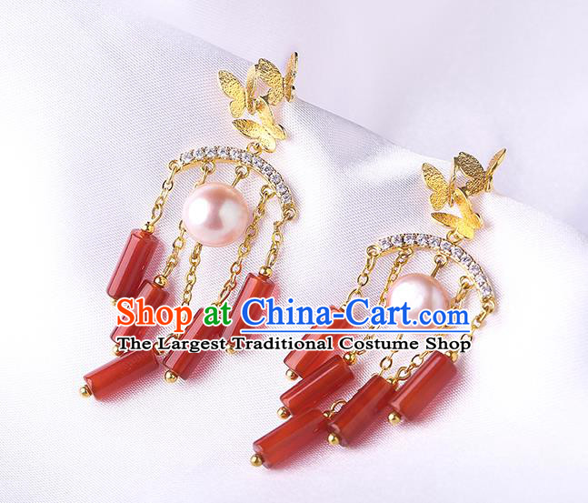 Chinese Classical Agate Tassel Ear Accessories Traditional Cheongsam Pearl Earrings