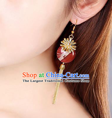 Chinese Classical Red Stone Ear Accessories Traditional Cheongsam Golden Chrysanthemum Earrings