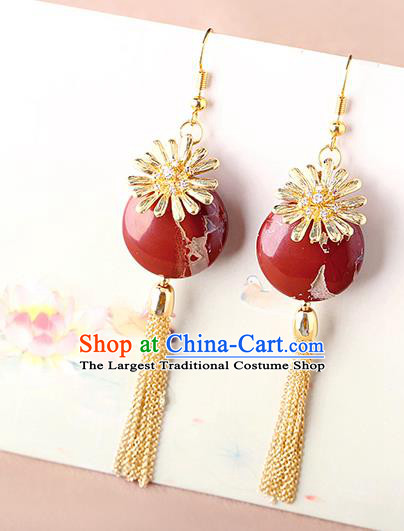 Chinese Classical Red Stone Ear Accessories Traditional Cheongsam Golden Chrysanthemum Earrings