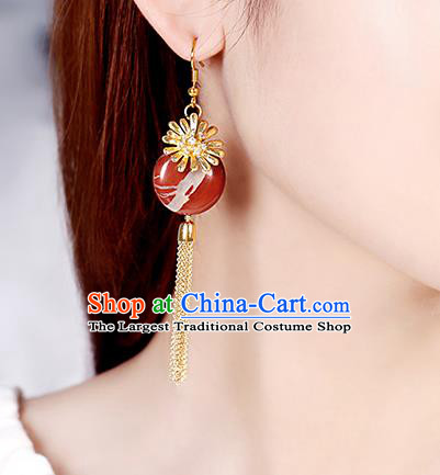Chinese Classical Red Stone Ear Accessories Traditional Cheongsam Golden Chrysanthemum EarringsChinese Classical Red Stone Ear Accessories Traditional Cheongsam Golden Chrysanthemum Earrings