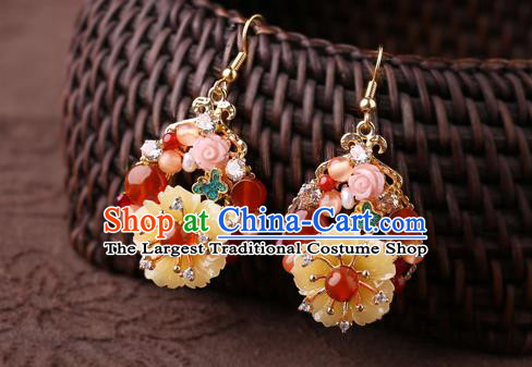 Chinese Classical Shell Flower Ear Accessories Traditional Cheongsam National Red Beads Earrings